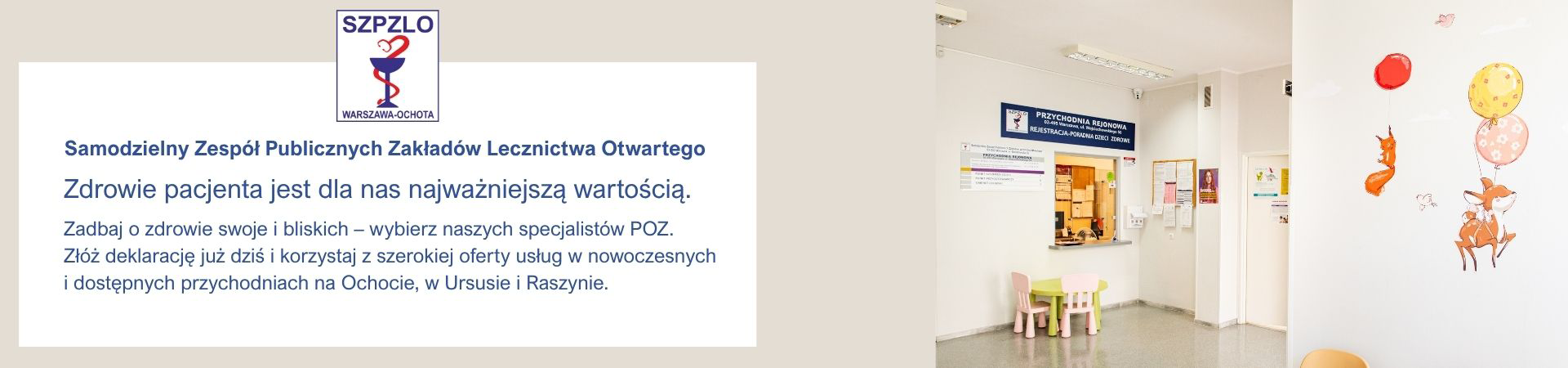 Slajd promujący przychodnię Rejonowo-Specjalistyczną_Wojciechowskiego58 – informacja o dostępności specjalistów POZ oraz zachęta do składania deklaracji wyboru placówki  Rejonowo-Specjalistycznej_Wojciechowskiego58. Logo NFZ.